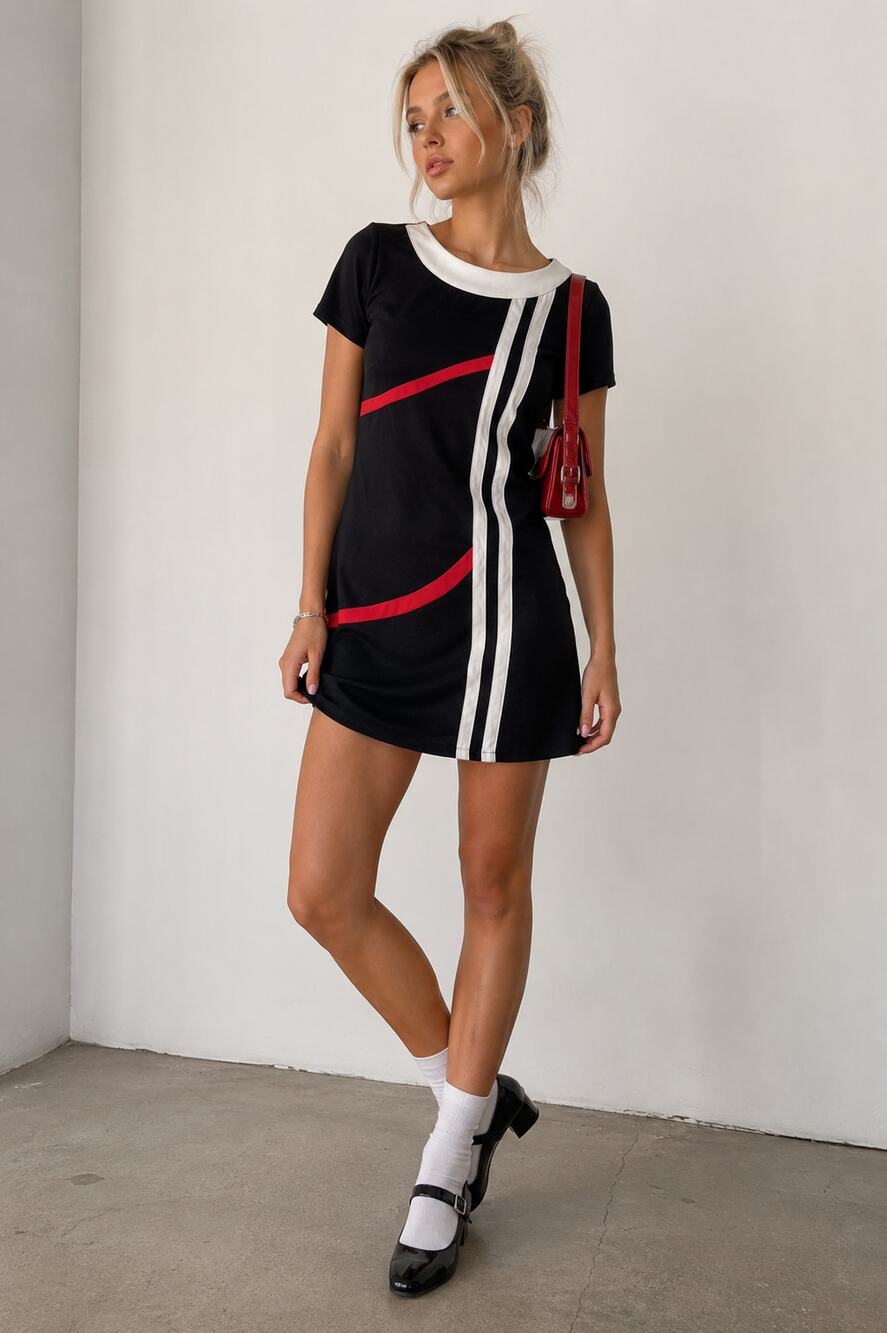 Mango Black White Red Sleeveless Shift Dress Mini Womens M Mod Retro Classic